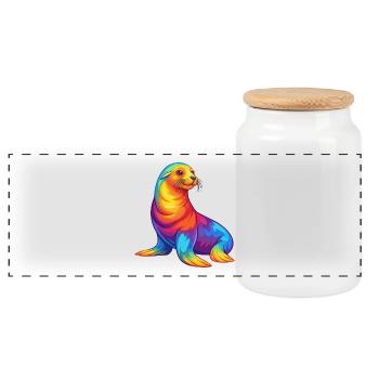 Lion de mer Kawaii coloré dessin animé Animal marin - Boîte à biscuits avec couvercle en bois - blanc - Devant