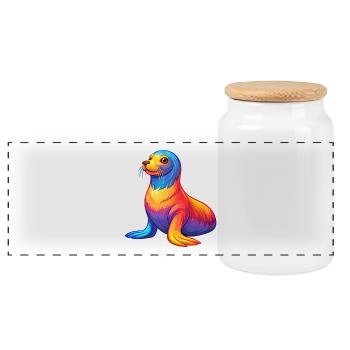 Lion de mer Kawaii coloré dessin animé Animal marin - Boîte à biscuits avec couvercle en bois - blanc - Devant