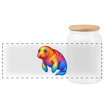 Manatee Colorful Kawaii Cartoon Sea Animal - Panoramic Cookie Jar with Wooden Lid - white - Front