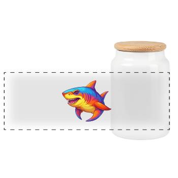 Sixgill Shark Colorful Kawaii Cartoon Sea Animal - Panoramic Cookie Jar with Wooden Lid - white - Front