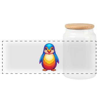 Penguin Colorful Kawaii Cartoon Sea Animal - Panoramic Cookie Jar with Wooden Lid - white - Front