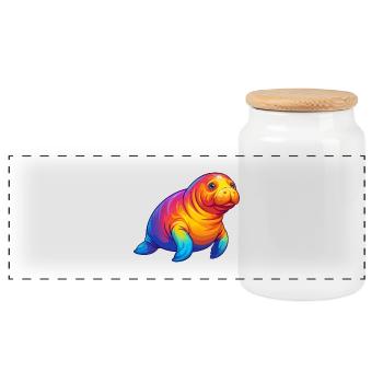Dugong Colorful Kawaii Cartoon Sea Animal - Panoramic Cookie Jar with Wooden Lid - white - Front