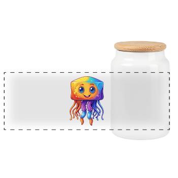 Box Jellyfish Colorful Kawaii Cartoon Sea Animal - Panoramic Cookie Jar with Wooden Lid - white - Front