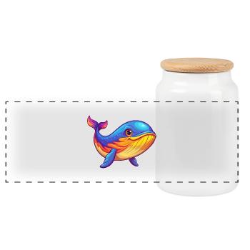Blue Whale Colorful Kawaii Cartoon Sea Animal - Panoramic Cookie Jar with Wooden Lid - white - Front
