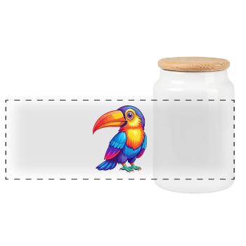 Toucan Colorful Kawaii Cartoon Character Bird - Panoramic Cookie Jar with Wooden Lid - white - Front