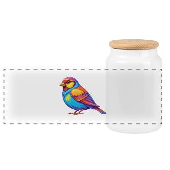 Sparrow Colorful Kawaii Cartoon Character Bird - Panoramic Cookie Jar with Wooden Lid - white - Front