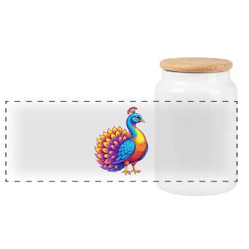 Peacock Colorful Kawaii Cartoon Character Bird - Panoramic Cookie Jar with Wooden Lid - white - Front