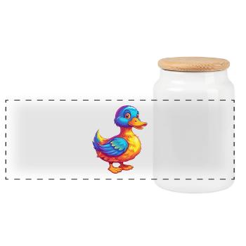 Duck Colorful Kawaii Cartoon Character Bird - Panoramic Cookie Jar with Wooden Lid - white - Front
