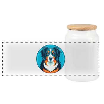 Australian Shepherd Hund Kawaii Cartoon Haustier Logo - Panorama Keksdose mit Holzdeckel - Weiß - Vorne