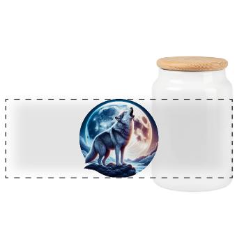 Wolf howls at the full moon - Panoramic Cookie Jar with Wooden Lid - white - Front