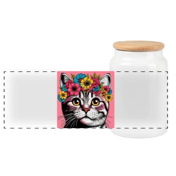 Chat avec des fleurs - Boîte à biscuits avec couvercle en bois - blanc - Devant