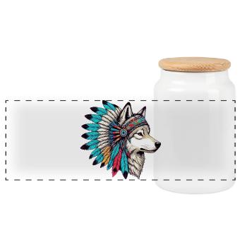 American Indian Wolf American Redskin - Panoramic Cookie Jar with Wooden Lid - white - Front