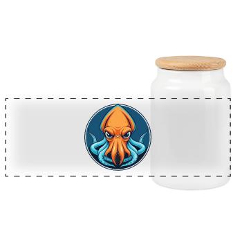 Squid Cute Kawaii Cartoon Clipart Animal Pet Logo - Panoramic Cookie Jar with Wooden Lid - white - Front