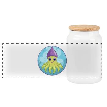 Squid Cute Kawaii Cartoon Clipart Animal Pet - Panoramic Cookie Jar with Wooden Lid - white - Front