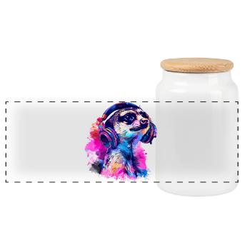 Meerkat Erdhündchen Scharrtier mit Headphones - Panoramic Cookie Jar with Wooden Lid - white - Front