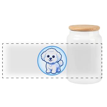 Bichon frisé chien bleu kawaii dessin animé personnage animal de compagnie - Boîte à biscuits avec couvercle en bois - blanc - Devant