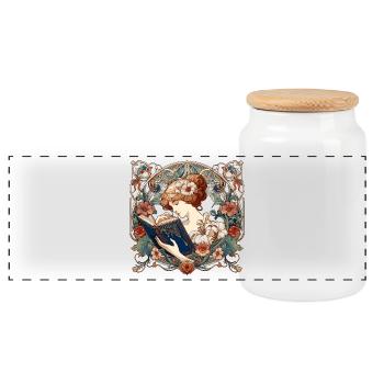 Woman Reading Browsing Book Books Gift - Panoramic Cookie Jar with Wooden Lid - white - Front