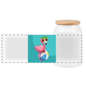 Flamingo, his balloon and his pineapple glasses - Panoramic Cookie Jar with Wooden Lid - white - Front