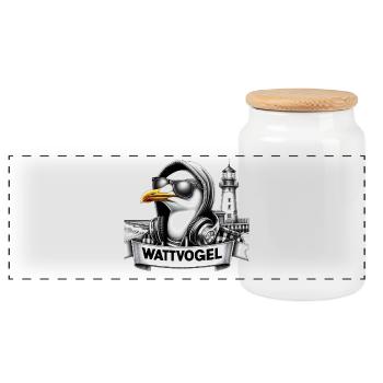 Coole Möwe Wattvogel mit Sonnenbrille und Kapuze - Panorama Keksdose mit Holzdeckel - Weiß - Vorne