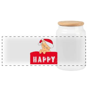 Happy Cat with Christmas-Cap - Panorama Keksdose mit Holzdeckel - Weiß - Vorne