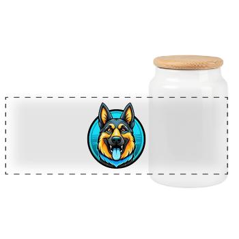 German Shepherd Dog Colorful Kawaii Cartoon Animal - Panoramic Cookie Jar with Wooden Lid - white - Front