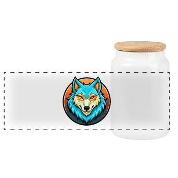 Arctic Wolf Colorful Kawaii Cartoon Character Pet - Panoramic Cookie Jar with Wooden Lid - white - Front