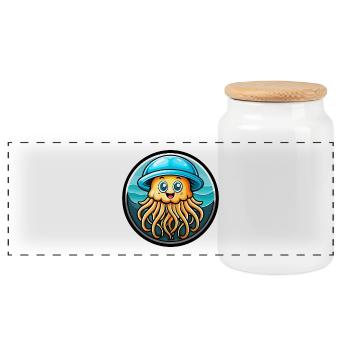 Jellyfish Colorful Kawaii Cartoon Character Animal - Panoramic Cookie Jar with Wooden Lid - white - Front