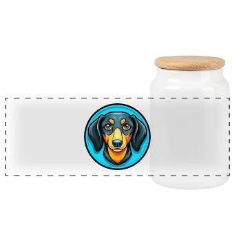 Dackel Hund Bunte Kawaii Zeichentrickfigur - Panorama Keksdose mit Holzdeckel - Weiß - Vorne