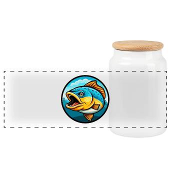 Salmon Colorful Kawaii Cartoon Character Clipart - Panoramic Cookie Jar with Wooden Lid - white - Front