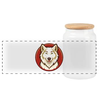 Arctic Wolf Colorful Kawaii Cartoon Character Pet - Panoramic Cookie Jar with Wooden Lid - white - Front
