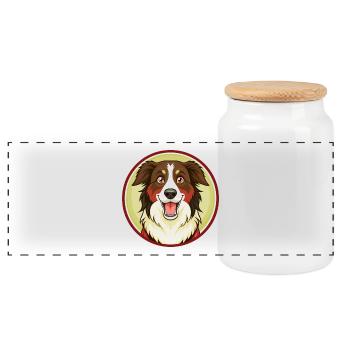 Australian Shepherd Hund Kawaii Zeichentrickfigur - Panorama Keksdose mit Holzdeckel - Weiß - Vorne