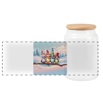 Cute fantasy birds with Christmas hats - Panoramic Cookie Jar with Wooden Lid - white - Front