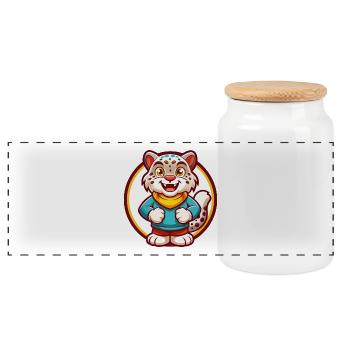 Schneeleopard Lustige Kawaii Cartoon Clipart Tier - Panorama Keksdose mit Holzdeckel - Weiß - Vorne