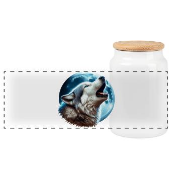 Wolf howls at the full moon - Panoramic Cookie Jar with Wooden Lid - white - Front
