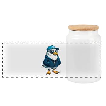 Seagull Cool Cartoon Character Kawaii Clipart - Panoramic Cookie Jar with Wooden Lid - white - Front