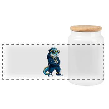 Iguana Cool Cartoon Character Kawaii Clipart - Panoramic Cookie Jar with Wooden Lid - white - Front