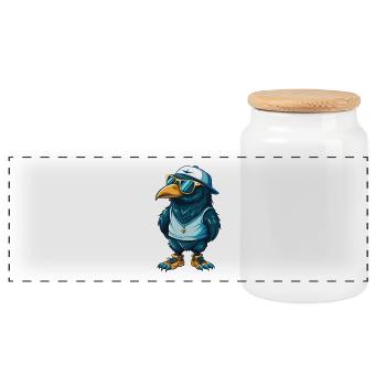 Crow Cool Cartoon Character Kawaii Clipart - Panoramic Cookie Jar with Wooden Lid - white - Front