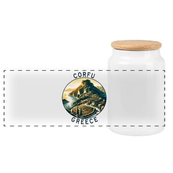 Corfu Greece island design - Panoramic Cookie Jar with Wooden Lid - white - Front