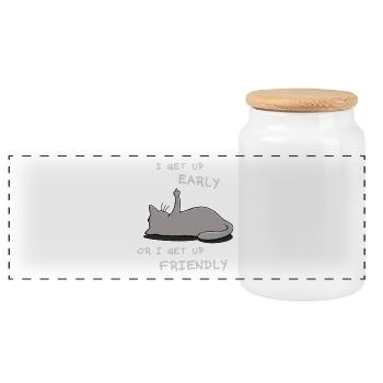 I get up early cat - Panoramic Cookie Jar with Wooden Lid - white - Front