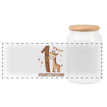 Erstes Geburtstagsgiraffe Design - Panorama Keksdose mit Holzdeckel - Weiß - Vorne