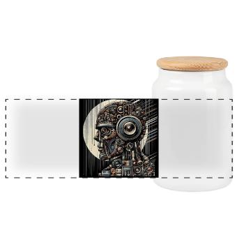 Analoge Seele KI Roboter Kunst - Panorama Keksdose mit Holzdeckel - Weiß - Vorne