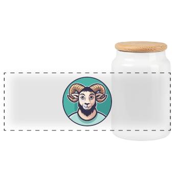 Ram Kawaii Cartoon Character Animal Pet Face - Panoramic Cookie Jar with Wooden Lid - white - Front