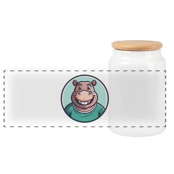 Hippo Kawaii Cartoon Character Animal Pet Face - Panoramic Cookie Jar with Wooden Lid - white - Front