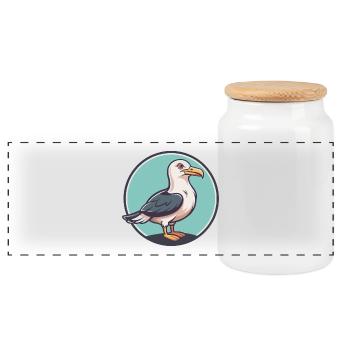 Seagull Kawaii Cartoon Character Animal Pet Face - Panoramic Cookie Jar with Wooden Lid - white - Front