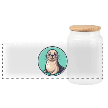 Seal Kawaii Cartoon Character Animal Pet Face - Panoramic Cookie Jar with Wooden Lid - white - Front
