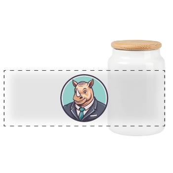 Rhino Kawaii Cartoon Character Animal Pet Face - Panoramic Cookie Jar with Wooden Lid - white - Front
