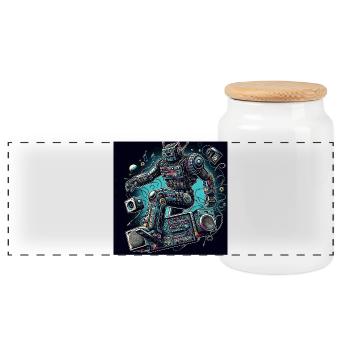 Analogo vibes AI robot Art - Panoramic Cookie Jar with Wooden Lid - white - Front