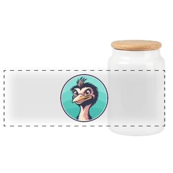 Emu Kawaii Cartoon Character Animal Pet Face - Panoramic Cookie Jar with Wooden Lid - white - Front