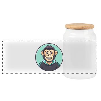 Monkey Kawaii Cartoon Character Animal Pet Face - Panoramic Cookie Jar with Wooden Lid - white - Front