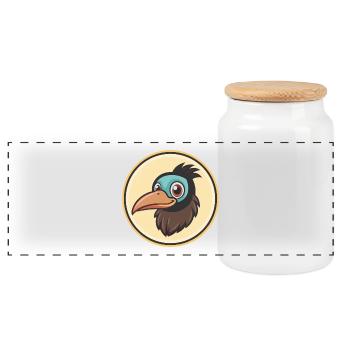 Crow Kawaii Cartoon Character Animal Pet Face - Panoramic Cookie Jar with Wooden Lid - white - Front